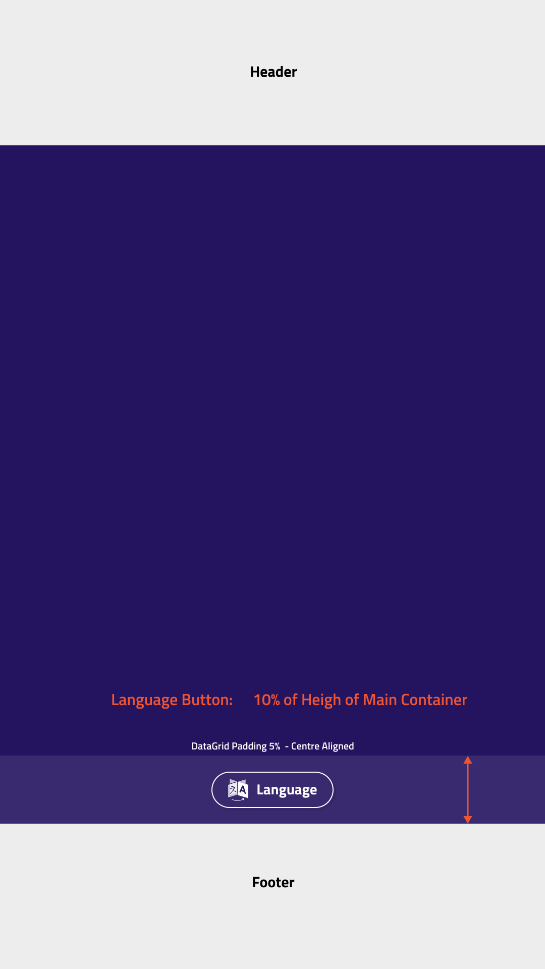 Language button — 10% of main container height, center aligned